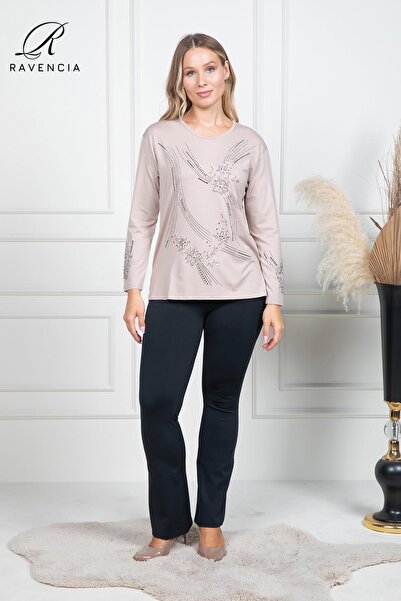 Ravencia Women's Middle-Aged and Above Covered Floral Print Stoned Embroidered Lycra Beige Mother's Combed Cotton Blouse