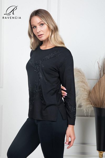 Ravencia Bluză din bumbac pieptănat pentru femei de vârstă mijlocie și peste, acoperită cu modele florale, brodate cu pietre, lycra neagră