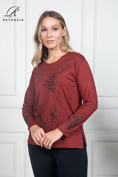 Ravencia Bluză din bumbac pieptănat pentru femei de vârstă mijlocie și peste, acoperită cu modele florale, brodate cu piatră, lycra, culoare cărămidă