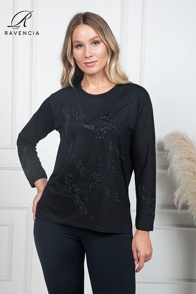 Ravencia Bluză din bumbac pieptănat pentru femei de vârstă mijlocie și peste, acoperită cu modele florale, brodate cu pietre, lycra neagră