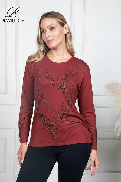 Ravencia Bluză din bumbac pieptănat pentru femei de vârstă mijlocie și peste, acoperită cu modele florale, brodate cu piatră, lycra, culoare cărămidă