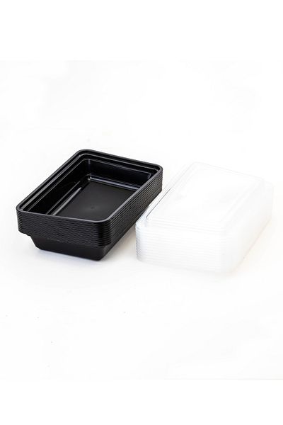 HIC 12-Piece Rectangular Disposable Food Container With Lid Black 22x15.5x5.2cm