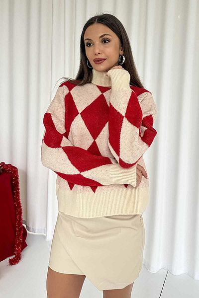 Mine Tan Butik Pulover cu gât roșu cu model Argyle - roșu