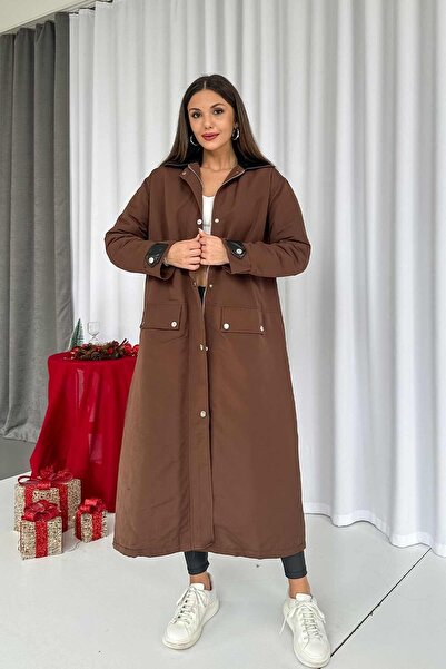 Mine Tan Butik Yaka Deri Detay Premium Uzun Kadın Kapitone Mont - Kahverengi