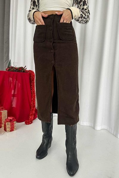 Mine Tan Butik Καφέ ραμμένη φούστα - Λεπτομέρεια με σκίσιμο