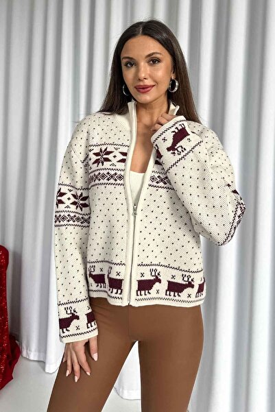 Mine Tan Butik Geyik İşlemeli Fermuar Detaylı Kadın Hırka - Bordo