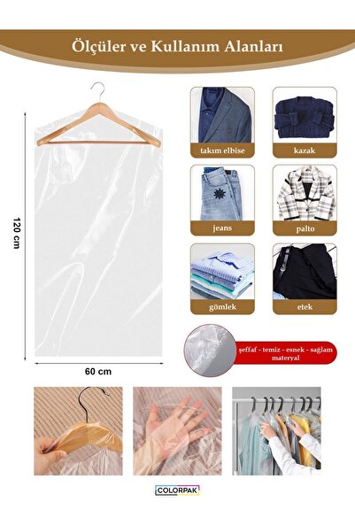 COLORPAK Elbise Poşeti (60*120 CM) Askı Delikli Omuzlu Kesim (10ADET) Şeffaf Kıyafet Koruma Hurç Kılıf Naylon