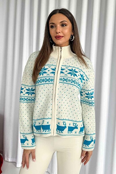 Mine Tan Butik Жіночий кардиган з оленями та блискавкою - синій