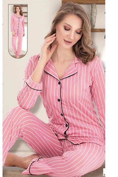 MODA Wonder Girl Pajamas Set for Women - Cotton Soft Fabric, Stripe, Pink, Ribbed, Tight Fit