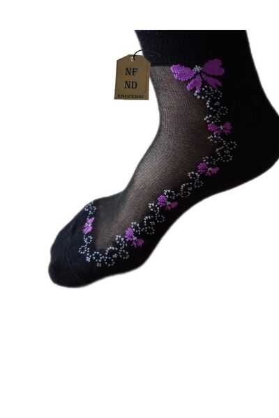 ENEFENDİ Лилави чорапи с флорален мотив от тюл, памук и еластан - къс маншет, удобни и еластични 36-40
