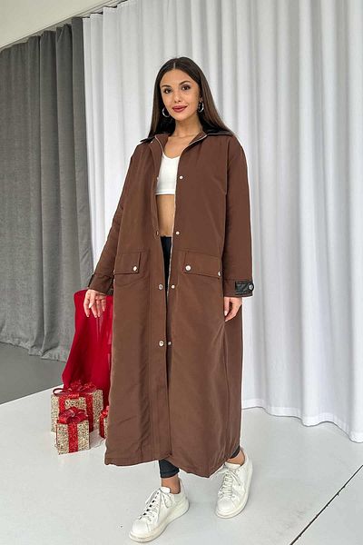 Mine Tan Butik Дълго дамско ватирано палто Premium - Кожена яка, Кафяво