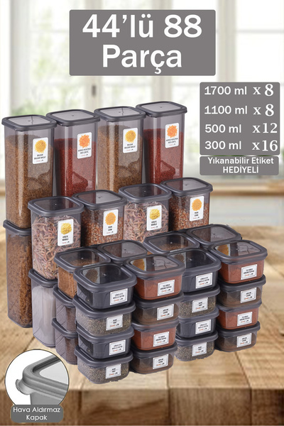 Home Sina 44-Piece 88-Piece Square Lid Storage Container for Groceries and Pulses 8X(1,10-1,70Lt)12X(0,50)16X(0,30)Lt