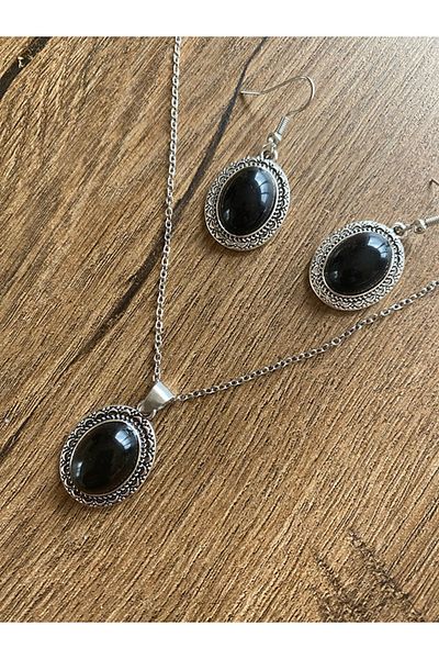 Store Retro Style Black Elegant Women's Necklace Earrings Set