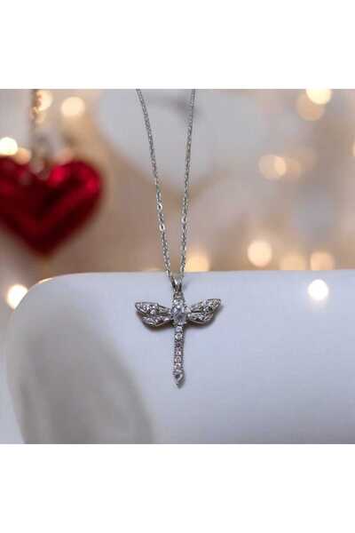 feyza collection قلادة من الفولاذ بحجر الزركون الأبيض مع شكل اليعسوب