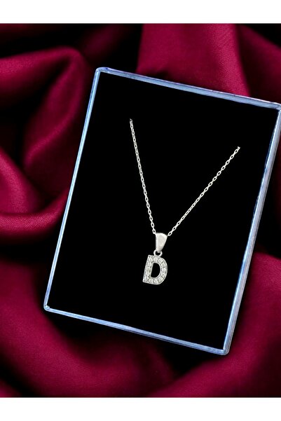 Alaja Silver D Harfi Beyaz Taşlı Tasarım Parlak 926 Ayar Gümüş Kolye