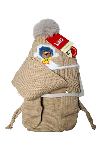 Kitti 0-18 Aylık 3 lü Takım Erkek Bej Astronot Maskotlu Atkı Bere Eldiven Set