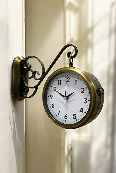 Falez Dekorasyon 36x25 Cm Eskitme Metal Çift Taraflı İstasyon Model Duvar Saati Ev Holü Duvar Dekorasyonu