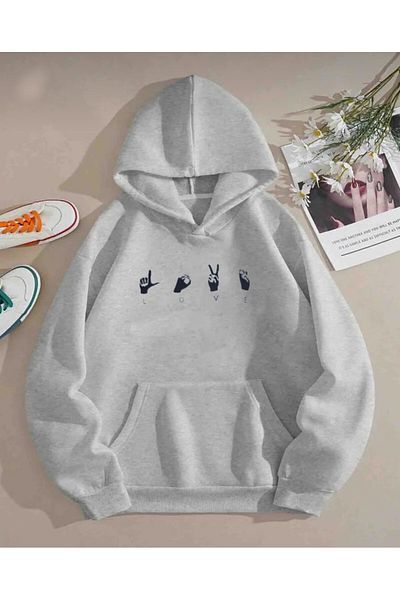 khufu Φούτερ με κουκούλα Love Printed Unisex - Γκρι μοντέρνο φούτερ