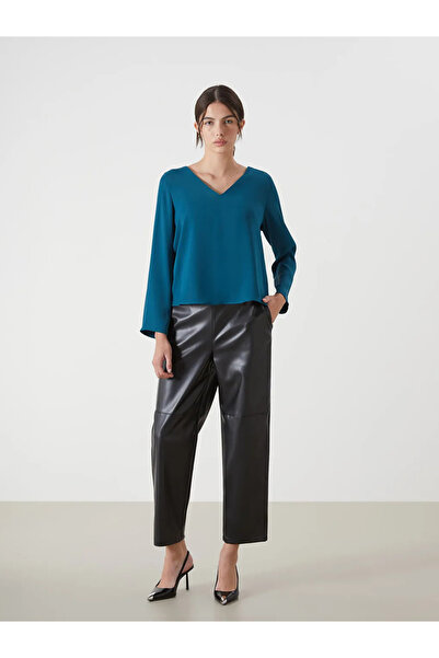 LC Waikiki Siyah Beli Lastikli Deri Görünümlü Kadın Pantolon