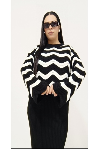 AKŞEN GİYİM Дамски пуловер със зигзаг и рокля без ръкави - 38-44 размери Комплект трикотаж