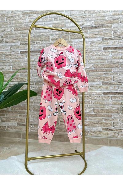 Magu Pink Patterned Cotton Sweatshirt Tracksuit Bottom-Top Pajama Set