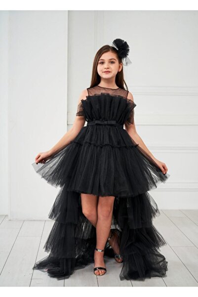 Porça Kız Çocuk Ön Kısa Arkası Uzun Tüllü Katlı Beli Fiyonklu Abiye