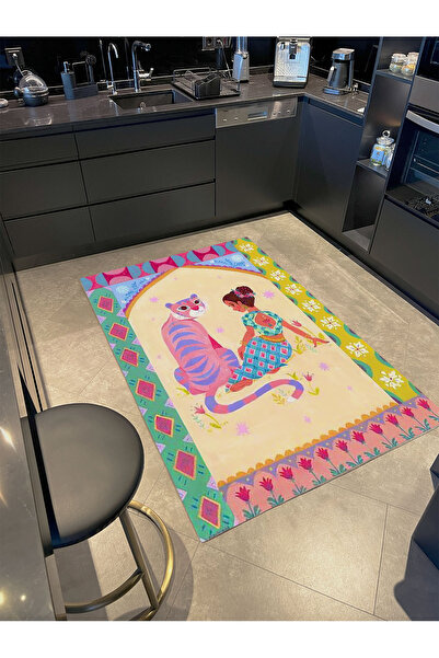 Rugs Modern Halı Kemal Koleksiyonu Çok Renkli Etnik Kaplan ve Kız Figür Desen...