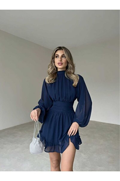 MODA DURAĞI Φόρεμα σιφόν με όρθιο γιακά σκούρο μπλε