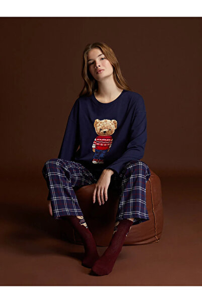 LC Waikiki LCW DREAM Lacivert Bisiklet Yaka Teddy Baskılı Kadın Pijama Takımı