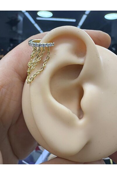 Arescollection ZİRKON TAŞLI SAĞ KULAK UYUMLU 1 ADET 4 SIRA ZİNCİRLİ HELİX LOBE  HALKA PİERCİNG KÜPE
