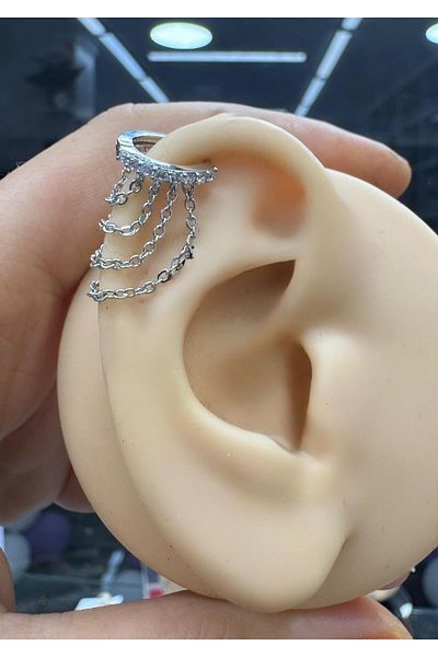 Arescollection Zircon Stone Right Ear Compatible 1 Piece 4 Row Chain Helix Lobe Hook Piercing Earring