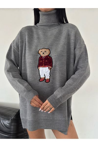 Lusin Γυναικείο Γκρι Oversize πουλόβερ με αρκουδάκια και λαιμόκοψη.