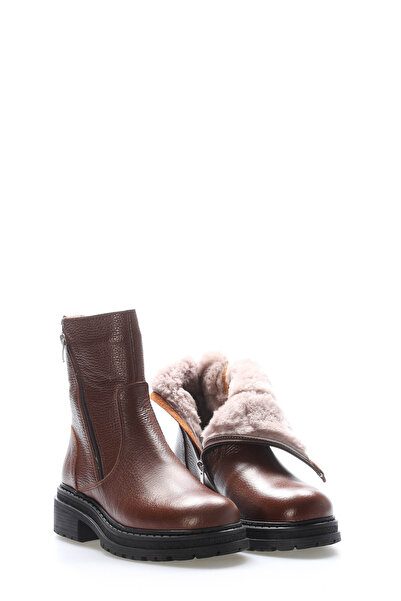 Ayakkabıhane حذاء نسائي من الجلد الطبيعي بسحاب أسمر اللون مع فرو من الداخل وا...