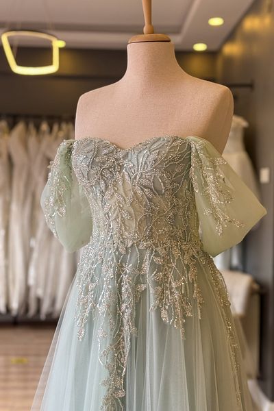 Lenta Moda Water Green Leaf Pattern Embroidered Evening Dress and Engagement Dress