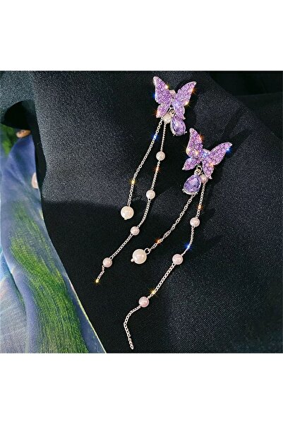 MODAMAYS Mor Taşlı Kelebekli Sallantılı Küpe