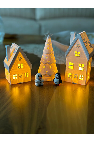 Figürlab Kar Taneli 3lü Kış Evleri - 2 Noel Evi 1 Çam Ağacı-  Dekoratif Ev - Yılbaşı Süsleri - Hediyeli