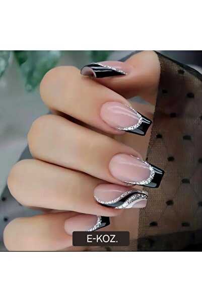 Butik Siyah French Gümüş Dalga Desenli Kare Orta Uzunlukta 24'lü Badem Takma ...