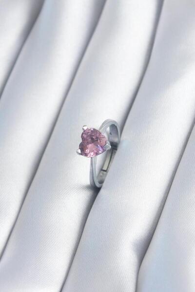 Çelik gümüş renk pembe tektaş kalpli ciddi ilişki yüzüğü (sevgili yüzüğü) ayarlanabilir