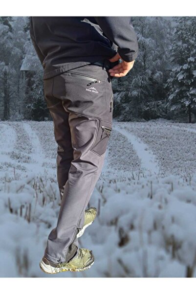 SNOWMOUNT Softshell Outdoor Suya Soğuğa Karşı Dayanıklı Erkek Siyah Antrasit Paça Fermuarsız Pantolon
