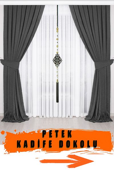 NS Ehli Tacir Anthracite Gray Velvet Textured - Pleated Background and Honeycomb Curtain