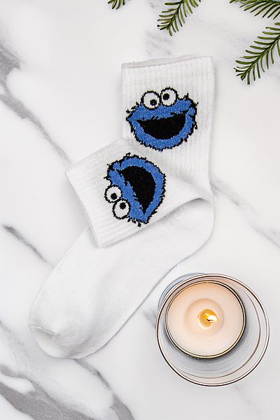 Tozlu Yaka Women's Cookie Monster Patterned College Sports Socks - 1 Pair White