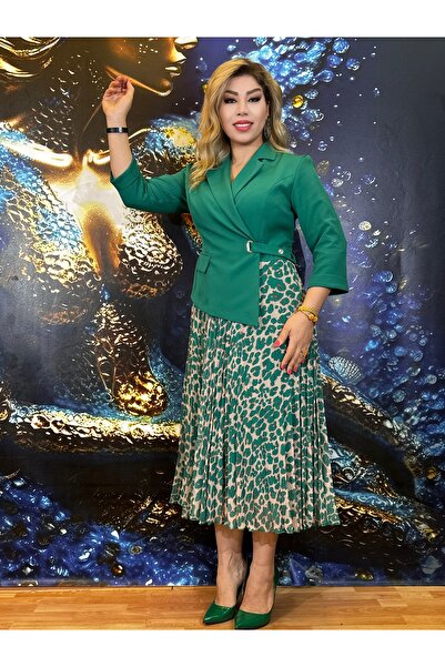 Yeşilmoda Elbise Ceket Etekli Birleşik Diz Altı V Yaka Pamuklu Yüksek Kalite