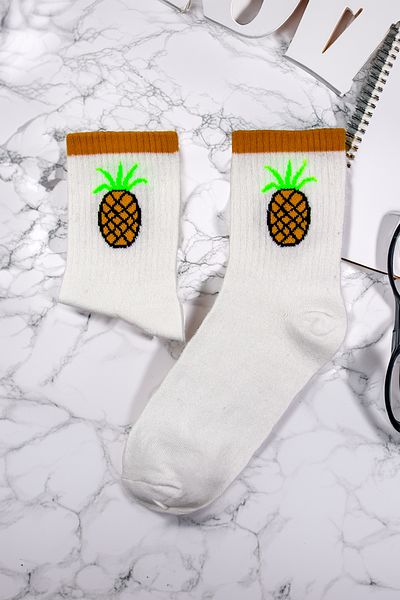 Tozlu Yaka Women's Pineapple Patterned College Sports Socks - 1 Pair White Color