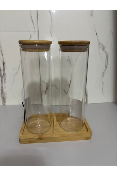 SEVEN7 2li Bambu Altlıklı Kapaklı Silindir Erzak Kavanozu Cam 550ml