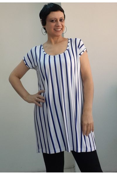 Mertcan Butik Whole Coming Low Sleeve Combed Cotton Viscose T-Shirt with White Civit Blue Navy Stripes