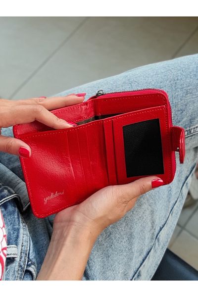 yedideri Red Real Leather Zippered Women's Wallet - Small Size