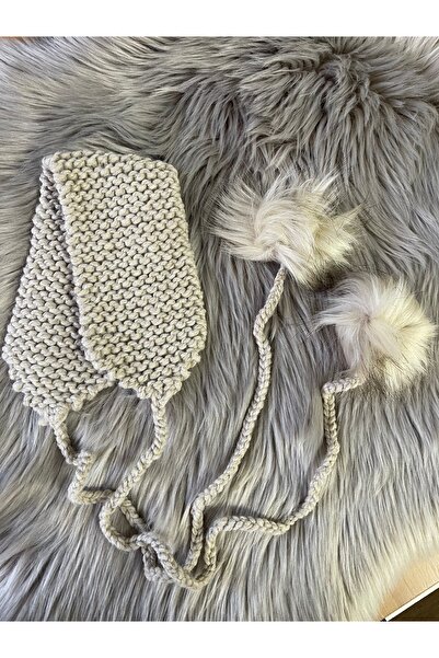 SEBSMADE Yün Pomponlu Bej Kulaklık Aksesuar