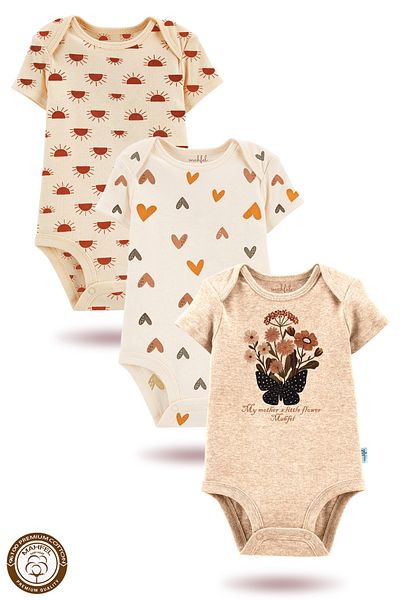MAHFEL 100% Cotton 3-Piece Organic Printed Snap Fastener Baby Bodysuit