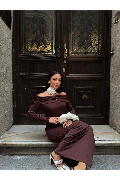 BEJNA Women's Brown Madonna Collar Stretchy Long Dress