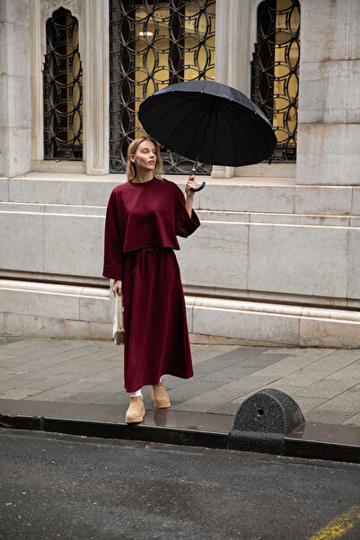 EKRUTEX Burgundy Double Sleeve Skirt Set